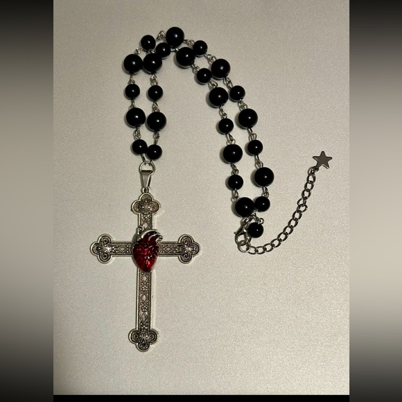 Heart Cross Pendant Necklace Goth Large Big Black Beaded Choker Adjustable New - Picture 8 of 14